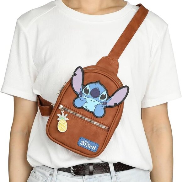 Stylish Brown Stitch Sling Bag with Pineapple Zipper - Perfect for Disney Lovers - Picture 7 of 7